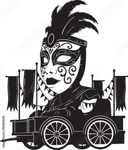 Ornate venetian mask on a carnival float with flags