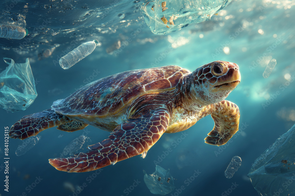 Obraz premium A majestic sea turtle swims through the ocean surrounded by plastic debris, highlighting the critical issue of marine pollution and its impact on wildlife.