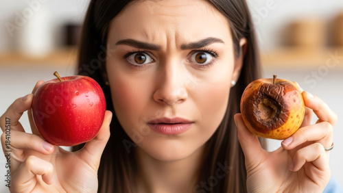 Woman Comparing Healthy Fresh Red Apple with Rotted Spoiled Apple