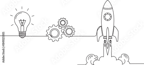 Continuous line drawing concept showing idea generation process leading to successful startup launch.