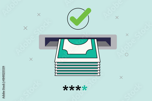 Successful cash withdrawal confirmed from automated teller machine with secure pin entry verification.