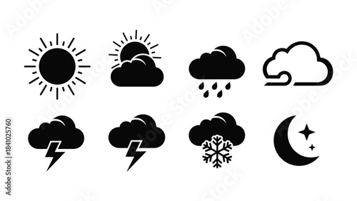 Simple weather icons depicting sun clouds rain lightning snow and moon