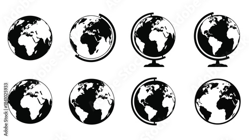 A set of monochrome globe icons in varying orientations and perspectives