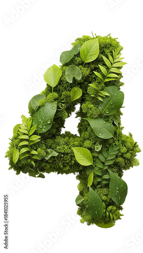 Number four meticulously crafted from vibrant green moss and lush foliage adorned with glistening water droplets symbolizing nature and ecological design concepts on transparent background