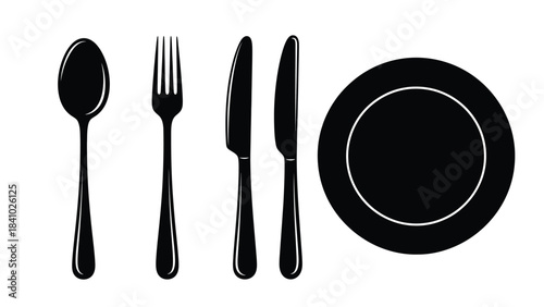 Simple black and white illustration of cutlery and a plate arrangement