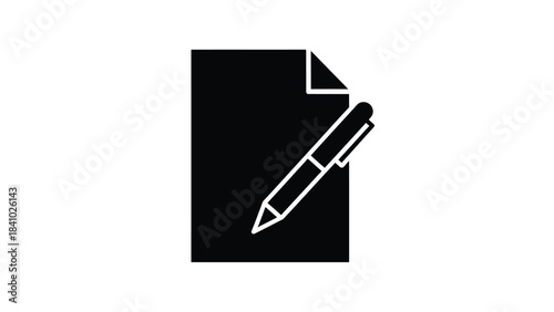 Simple black and white icon featuring a document and writing pen