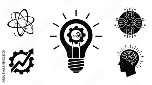 Illustrative icons depicting concepts of technology innovation and the human mind