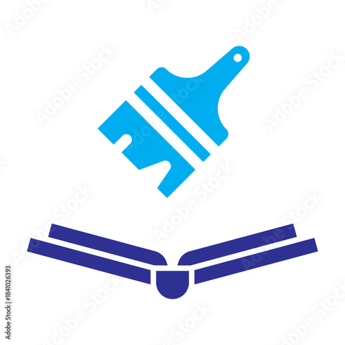 Two-color blue icon of paint brush over open book, representing creativity and artistic study.
