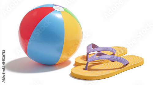 Bright beach ball and colorful flip flops on sandy surface