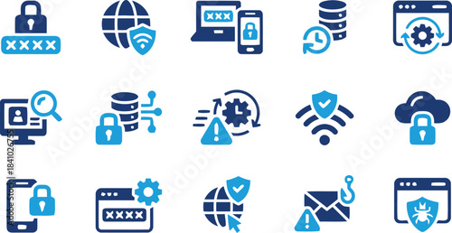 cybersecurity, data, protection, security, lock, password, network, internet, wifi, cloud, database, computer, mobile, phone, alert, warning, virus, phishing, privacy, icon, set, graphic, design, tech