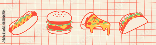 Hot dogs, hamburgers, pizza, tacos