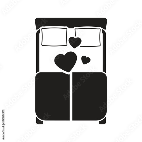 Romantic double bed silhouette icon featuring floating hearts symbolizing honeymoon suite love and marital bedroom furniture