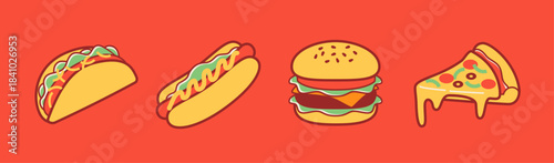 Tacos, hot dogs, hamburgers, pizza: Fast food illustrations