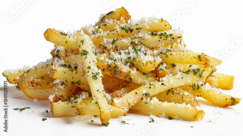 Crispy French fries topped with herbs and cheese for a tasty snack