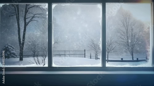 Cozy winter scene through frosted window bare trees snow falling gentle snowfall serene atmosphere peaceful nature backdrop