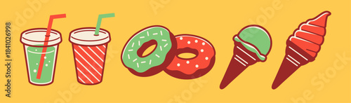 Illustrations of drinks, donuts, and ice cream