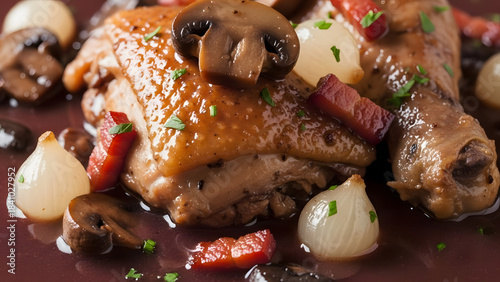 Coq au Vin: Classic French Chicken Stew with Mushrooms and Onions.