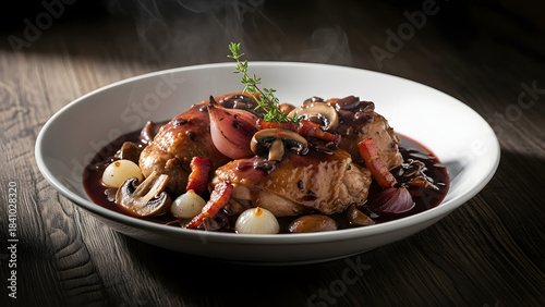 Delicious Coq au Vin Dish with Mushrooms and Onions.