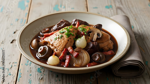 Delicious Coq au Vin a classic French chicken stew with red wine.