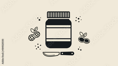 A simple black and white illustration of a peanut butter jar with peanuts and a knife, depicting a common breakfast or snack item.