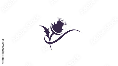 A stylized purple thistle flower with elegant leaves and a decorative swirl, presented as a minimalist vector graphic on a white background.