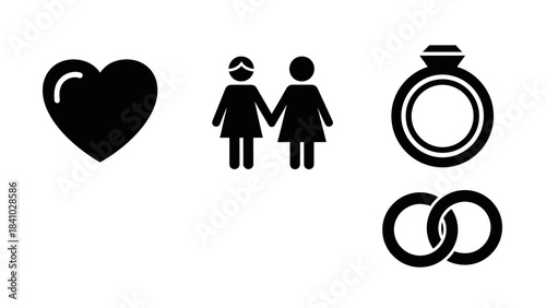 Black icons representing love, same-sex marriage, and wedding rings on a white background.