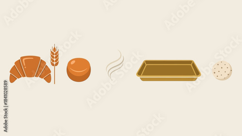 An illustration showcasing various baking elements including a croissant, wheat, dough, steam, a baking tray, and a freshly baked cookie.