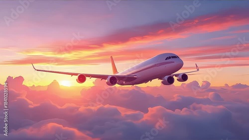 Colorful 2D Cartoon Airplane Flying Smoothly Through Sunset Clouds in Vibrant Sky Animation Footage