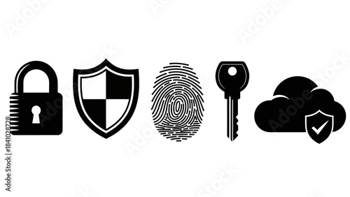 Collection of black security and data protection icons including padlock, shield, fingerprint, key, and cloud with checkmark.