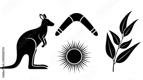 Black silhouettes of Australian symbols including a kangaroo, boomerang, sun, and eucalyptus branch on a white background.