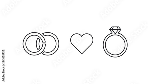 Outline icons representing love, marriage, and engagement, featuring interlocked rings, a heart, and a diamond ring on a white background.