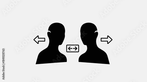 Two black silhouettes of human heads facing each other with arrows indicating separation or distance.
