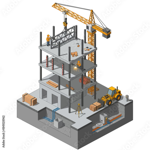Isometric cutaway view of a multi-story building under construction with a crane and workers.