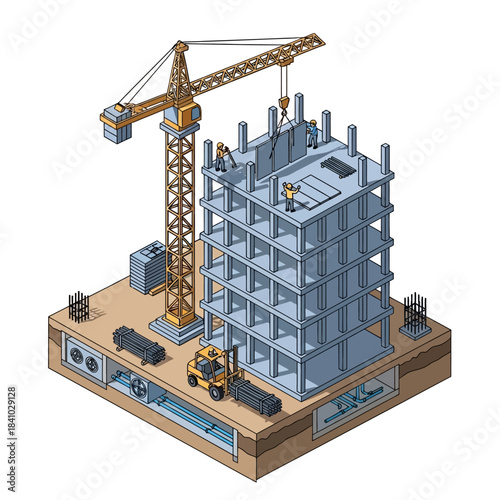Detailed isometric illustration of a multi-story building construction site with a tower crane, workers, and underground infrastructure.