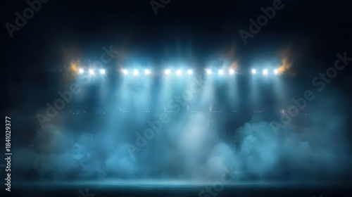 Stadium Lights Shining Through Foggy Dark Night Sky Blue Toned