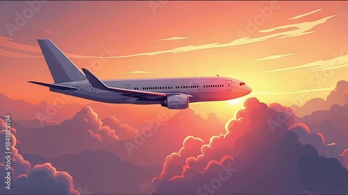 Colorful 2D Cartoon Airplane Flying Smoothly Through Sunset Clouds in Vibrant Sky Animation Footage