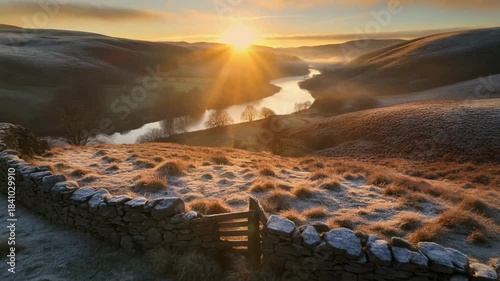 Golden Sunrise Over Frosted Valley River With Stone Wall And Wooden Gate Peaceful Rural Landscape mist