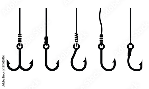 fishing hook, hook, fishing, tackle, equipment, sport, recreation, sharp, metal, barb, line, string, wire, loop, connection, illustration, graphic, design, silhouette, black and white, isolated, white