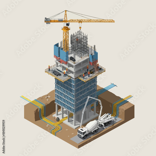 Isometric view of a high-rise building construction site with a tower crane, workers, and concrete mixer truck.