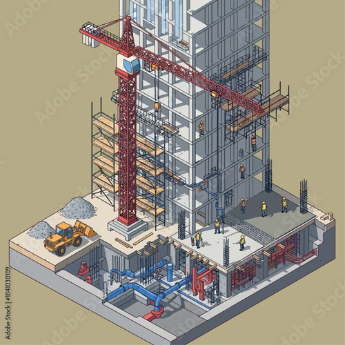 Isometric illustration of a multi-story building under construction with a tower crane, scaffolding, workers, and visible underground infrastructure.
