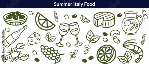 Summer Italy food print, hand drawn travel Mediterranean icon set Italian vintage vacation emblem. Traditional cuisine elements, Amalfi lemon silhouette wine glass bottle. Italy summer coastal big set