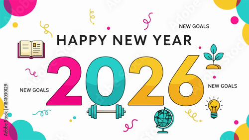 Celebration of new year 2026 with colorful confetti and symbols