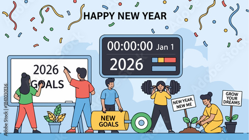 New year celebration with people setting goals and future planning