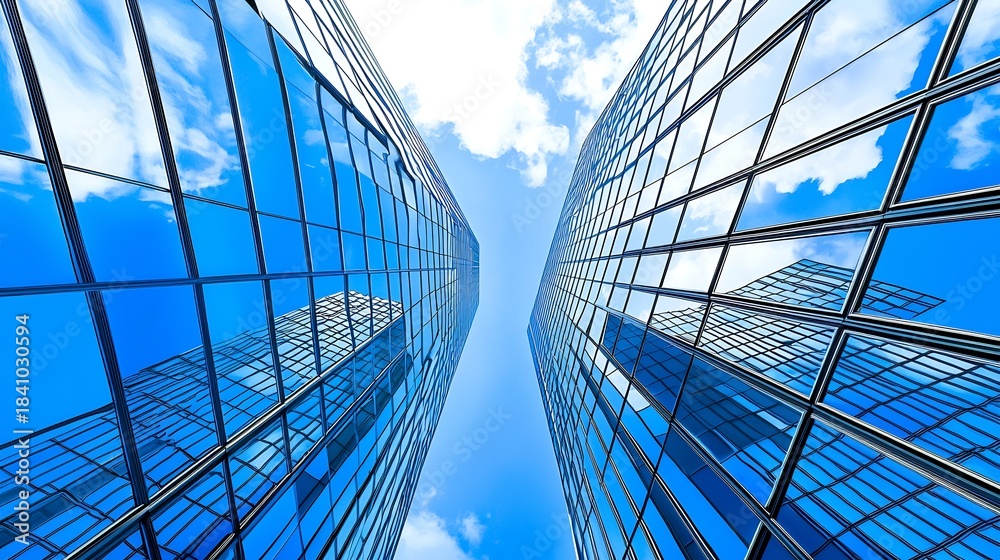 Obraz premium Elevation View of a Futuristic Skyscraper With Blue Glass Panels Reflecting the Sky In a Modern Corporate City Landscape