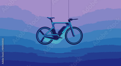 A sleek, modern electric bicycle for sustainable urban transport is suspended against a tranquil, layered blue and purple background.