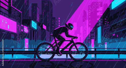 A lone cyclist speeds through a vibrant, rain-slicked cyberpunk city street, illuminated by the striking neon glow of futuristic urban architecture.