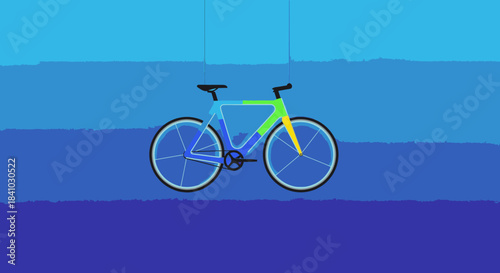 A vibrant, modern bicycle with a blue, green, yellow gradient frame is digitally rendered against layered blue, symbolizing urban mobility and style.