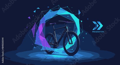 A sleek, modern bicycle is prominently displayed within a dynamic, abstract geometric light vortex, symbolizing innovation and future mobility technology.