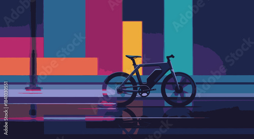 A sleek electric bicycle is parked on a reflective urban street, embodying modern sustainable transport against a vibrant, abstract city skyline at dusk.