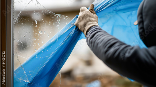 割れた窓ガラスをブルーシートで応急処置する災害対応の様子